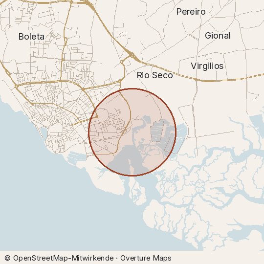 Map of the area, circle about one kilometre