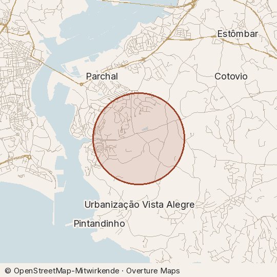 Map of the area, circle about one kilometre