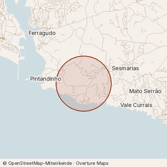 Map of the area, circle about one kilometre