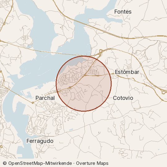 Map of the area, circle about one kilometre