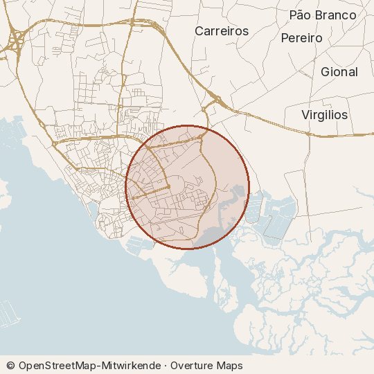 Map of the area, circle about one kilometre