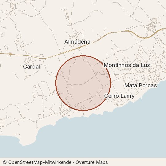 Map of the area, circle about one kilometre