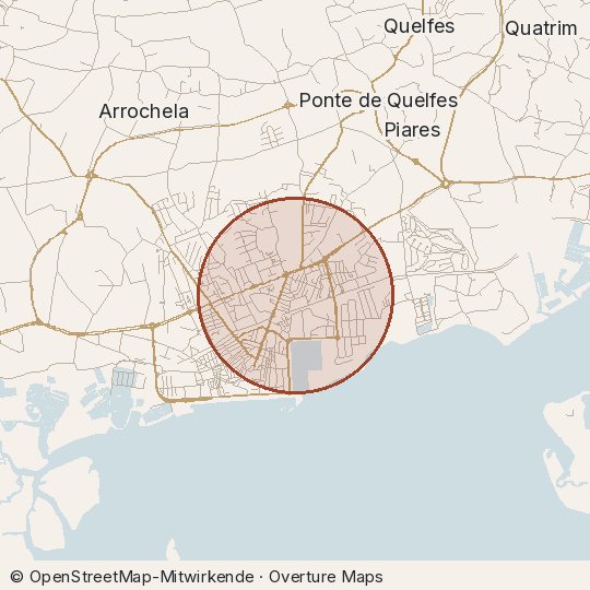 Map of the area, circle about one kilometre