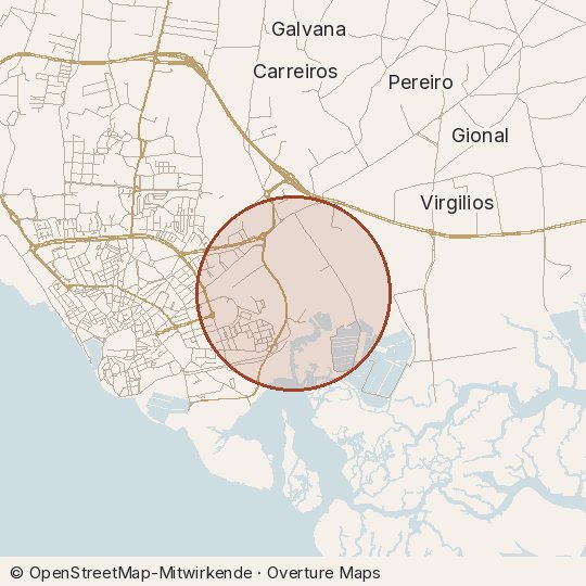 Map of the area, circle about one kilometre