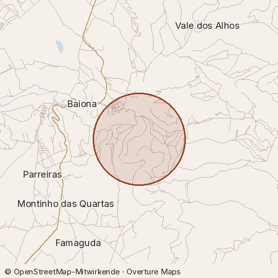 Map of the area, circle about one kilometre