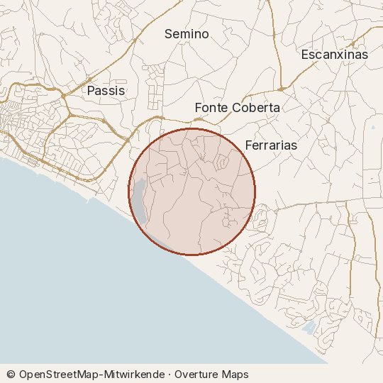 Map of the area, circle about one kilometre