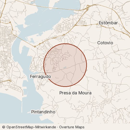 Map of the area, circle about one kilometre