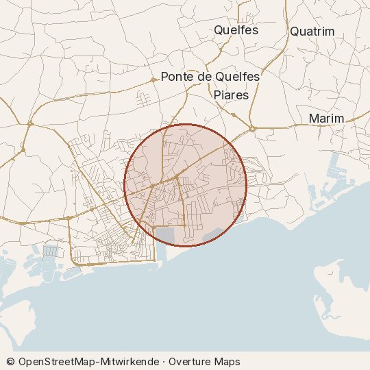 Map of the area, circle about one kilometre