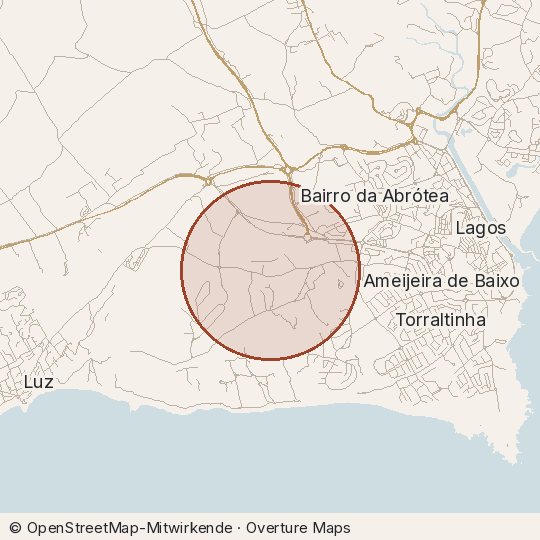 Map of the area, circle about one kilometre