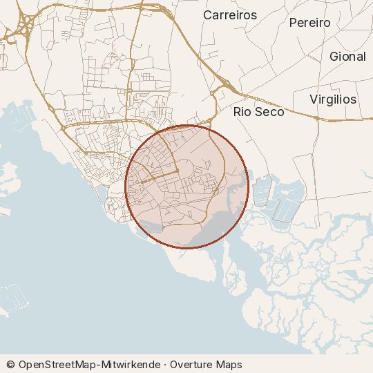 Map of the area, circle about one kilometre